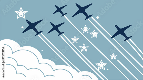 Illustration of several airplanes flying in formation with stars and clouds in a blue sky background