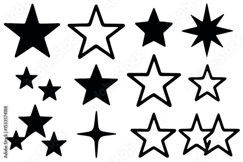 Collection of star icons in various shapes and sizes, solid and outlined stars, perfect for ratings, holidays, or recognition concepts, line art icon set