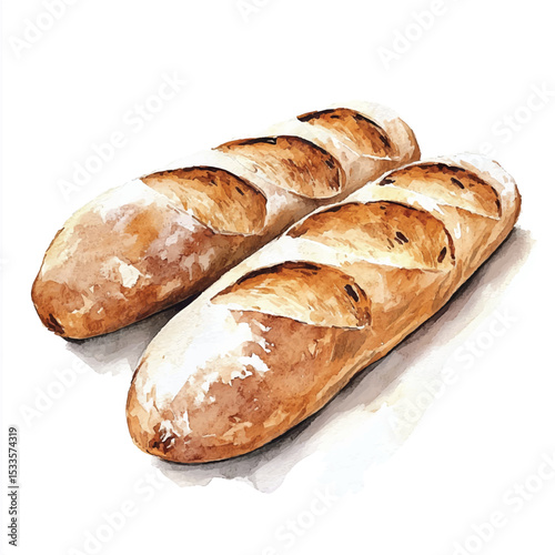 Watercolor Illustration of Two Freshly Baked Baguettes with Crusty Texture (1)