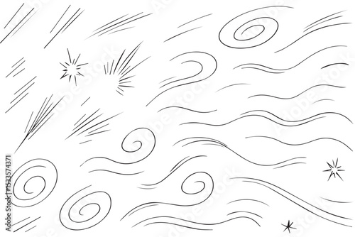 Set of abstract motion lines, swirls, and bursts, ideal for representing energy, speed, and dynamic action, line art icon set