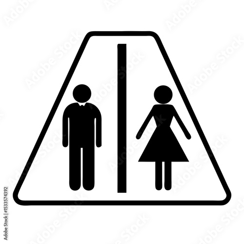 Triangular public restroom sign: male and female stick figures, toilet facilities icon