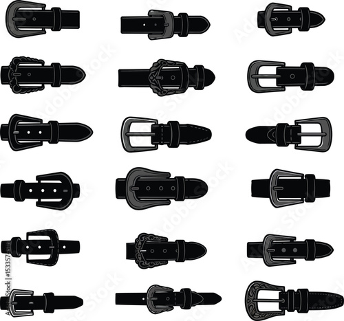 Extensive black vector illustration set of diverse leather belt silhouettes with various buckle styles, perfect for fashion and apparel design projects.
