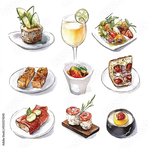 Watercolor Illustration of Various Appetizers and Drinks on Plates