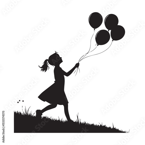 Silhouette of a little girl joyfully walking with balloons in a field