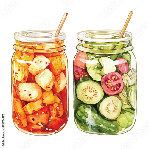 Watercolor Illustration of Two Jars Filled with Pickled Vegetables and Straws