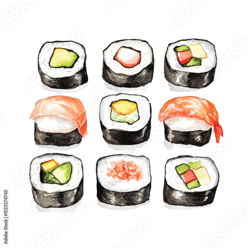 Watercolor Illustration of Various Sushi Rolls with Fresh Ingredients