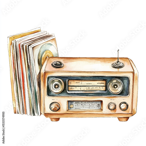 Watercolor Illustration of Vintage Radio and Vinyl Records Stacked Together