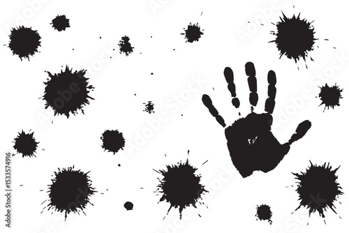 Abstract black ink splatters with handprint isolated on white background creating a modern design, splashes and prints representing creativity and art, line art icon set