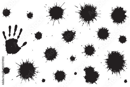 Stylized black ink stains and handprint in dynamic motion isolated on white background, modern artistic design, messy splashes of ink, line art icon set