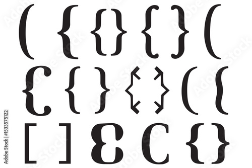 Collection of different bracket icons, featuring parentheses, curly braces, and square brackets with unique styles, perfect for mathematical and design usage, line art icon set