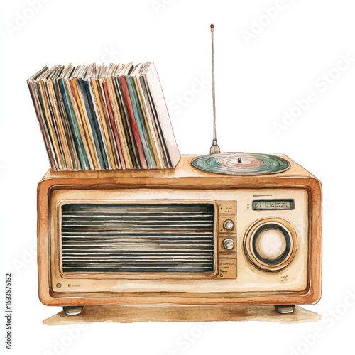 Watercolor Illustration of Vintage Radio with Vinyl Records and Antenna