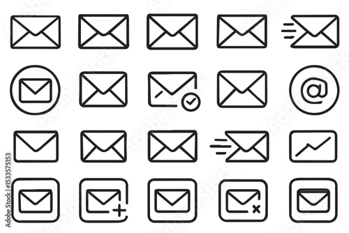 Set of various email icons including envelope, send, checkmark, add, and mail related symbols for communication and messaging, line art icon set