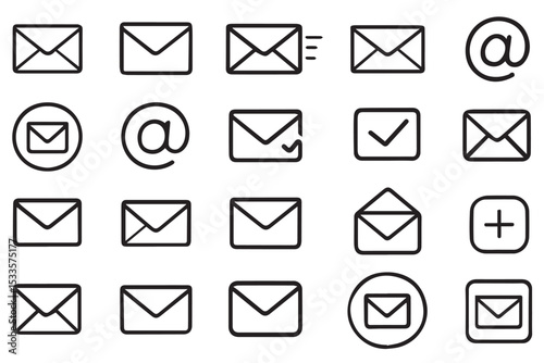 Collection of email icons with envelope designs, send symbols, and add/check icons for digital communication and messaging platforms, line art icon set