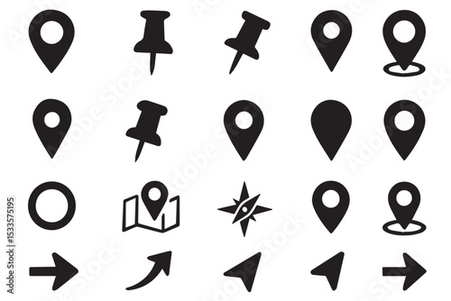 Set of location based icons such as map pins, directional arrows, and compass for navigation, perfect for guiding and travel design, line art icon set