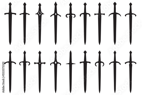 Set of black sword icons with detailed hilt and blade shapes, including unique variations for fantasy, battle, and medieval themes, line art icon set