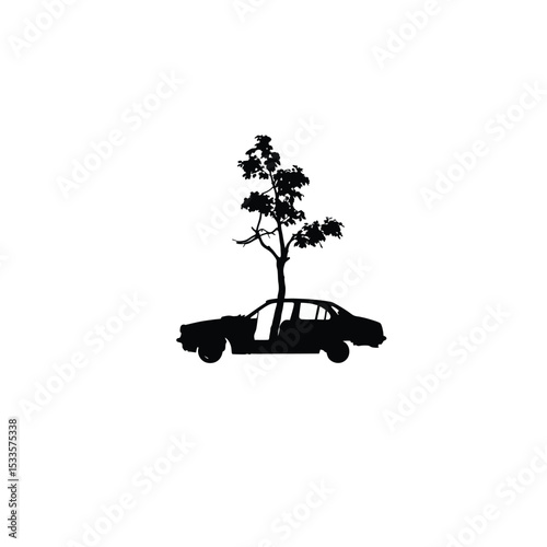 A silhouette of a tree growing through an abandoned car on white background