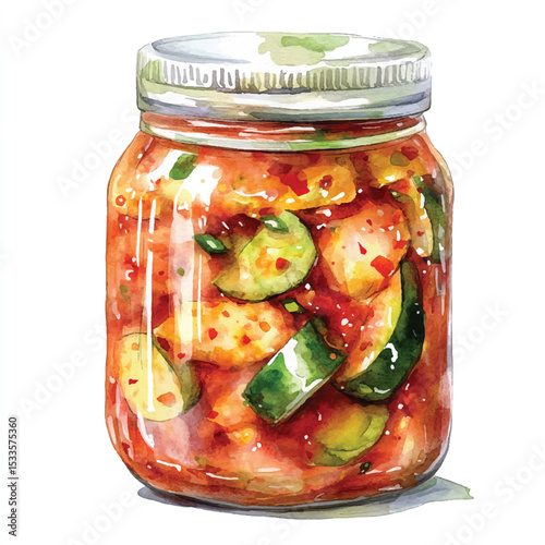 Watercolor Jar of Kimchi with Vibrant Colors and Fresh Vegetables