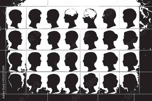 Set of silhouette portraits of individuals with various hairstyles, showcasing human profiles in black and white, ideal for identity, personal, and social themes, line art icon set