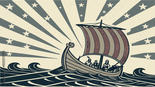 Illustration of a viking ship sailing on wavy waters under a starburst background with multiple stars