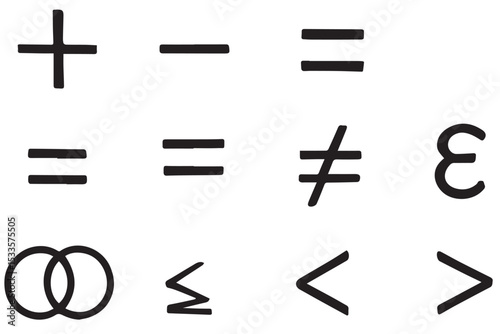 mathematical symbols including plus, minus, equal, inequality, infinity, and square root signs, ideal for educational, scientific, and mathematical themes, line art icon set