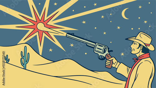 Illustration of a cowboy firing a revolver in the desert under a starry night sky with a crescent moon