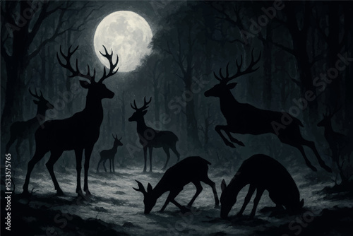 Deer silhouettes with full moon, misty forest, mysterious wild animals, and nature concept of tranquility, line art icon set