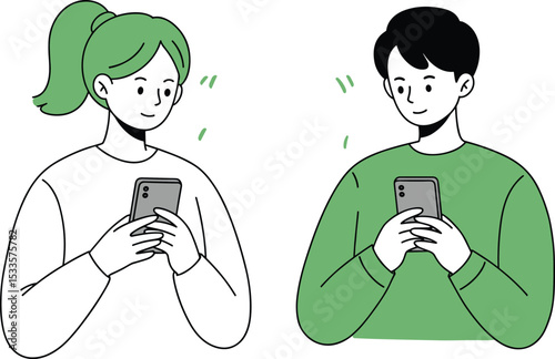 Young couple chatting on smartphones, flat vector illustration of man and woman using mobile devices, digital communication, online messaging, social interaction concept art

 flat vector illustration