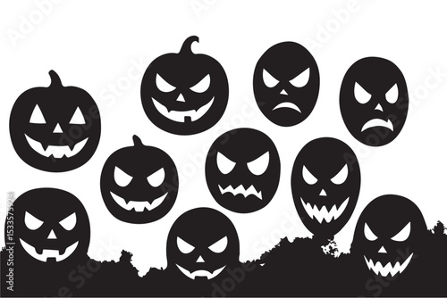 Halloween pumpkin faces with scary and mischievous expressions, black and white design for spooky Halloween themes, line art icon set