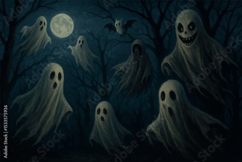 Ghosts, a bat, and a full moon in a haunted forest, with sinister expressions and Halloween vibes, ideal for spooky designs, line art icon set