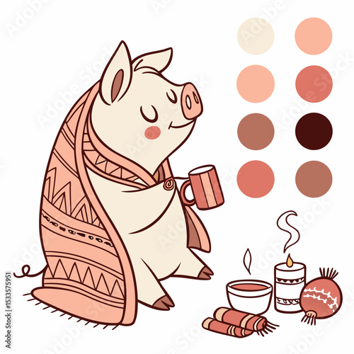 SVG art: A Playful Pig in a Christmas vibe with wrapped in a blanket, tinted with Warm Cozy tones