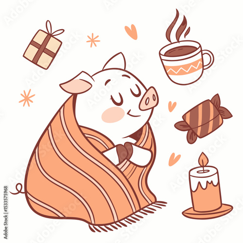 SVG art: A Playful Pig in a Christmas vibe with wrapped in a blanket, tinted with Warm Cozy tones