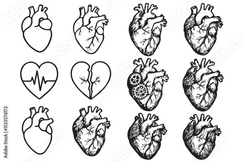 Set of anatomical heart icons in black and white, including broken heart, heartbeat, and mechanical heart designs, perfect for health and emotion themes, line art icon set