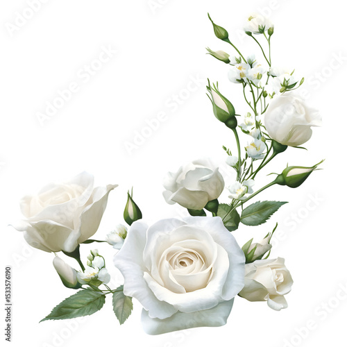Fototapeta Naklejka Na Ścianę i Meble -  Elegant watercolor arrangement of white roses and delicate floral accents on a black background for design use