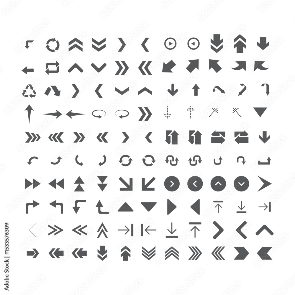 Naklejka premium Arrows set icons: A wide-ranging collection of arrow icons and designs, meticulously crafted in a clean, flat style, perfect for a variety of visual communication needs.