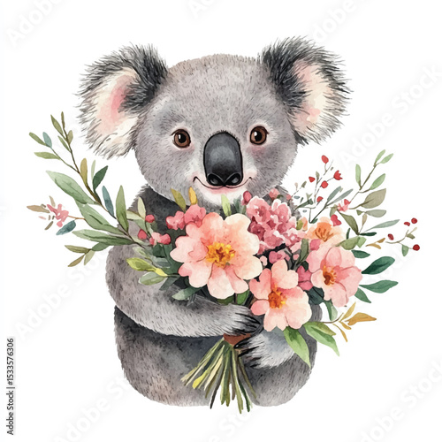 Watercolor Koala Holding a Bouquet of Pink Flowers and Greenery