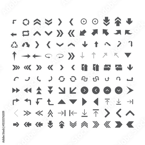 Arrows set icons: A wide-ranging collection of arrow icons and designs, meticulously crafted in a clean, flat style, perfect for a variety of visual communication needs.