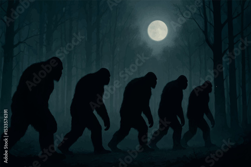 Bigfoot figures trekking through a foggy forest at night with a full moon overhead, ideal for mythical and cryptid related designs