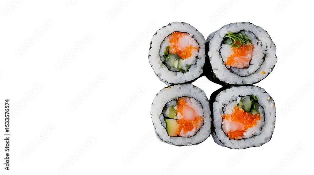 Delicious Sushi Rolls Seafood Cucumber and Rice Maki Presentation isolated on transparent background Delicious Sushi Rolls Seafood Cucumber and Rice Maki Presentation isolated on transparent background