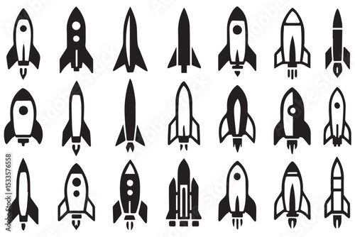Set of black rocket icons, showcasing different rocket shapes and designs, ideal for innovation, space science, and technology concepts, line art icon set