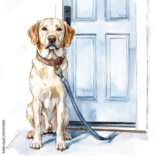 Watercolor Labrador Retriever Waiting Patiently by a Blue Door Leash Attached