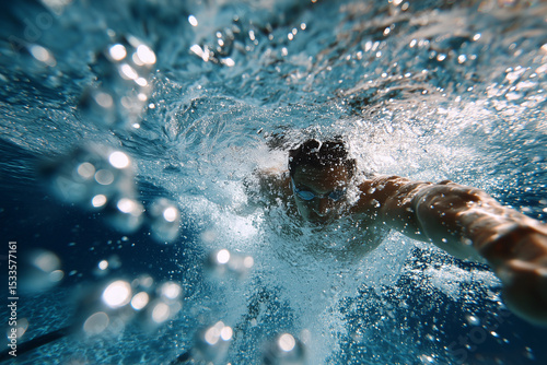 Underwater perspective of swimmer diving into pool, dynamic bubbles and movement, 