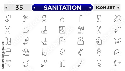 Sanitation web icon collection. Includes thin line men, sponge, hand, cleaning, dust, wash and more. Outline icon collection.
