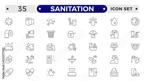 Sanitation web icon collection. Includes thin line men, sponge, hand, cleaning, dust, wash and more. Outline icon collection.