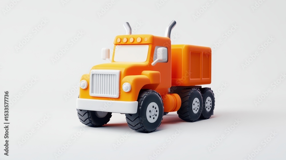 Fototapeta premium A stylized orange dump truck, 3D rendered, sits against a plain white background. Its design is simplified, cartoonish, and features large tires