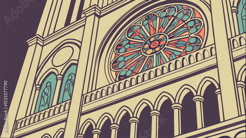 Illustration of a cathedral facade with a rose window and arched openings in a stylized design