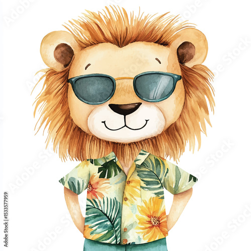 Watercolor Lion Character with Sunglasses and Floral Hawaiian Shirt