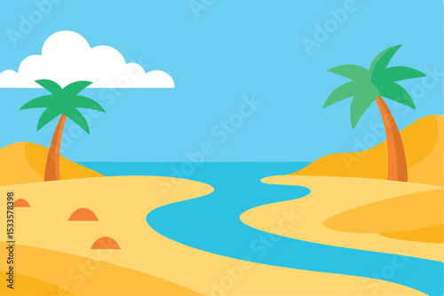 Tropical island paradise: palm trees sway on a sun-drenched beach with the ocean waves