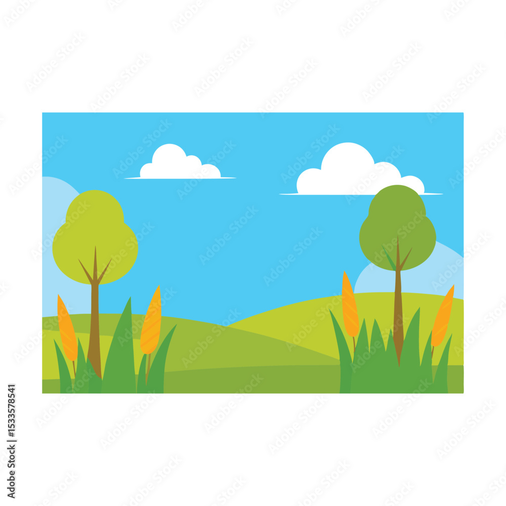 Obraz premium Summer landscape with green trees, clouds, and a field of grass