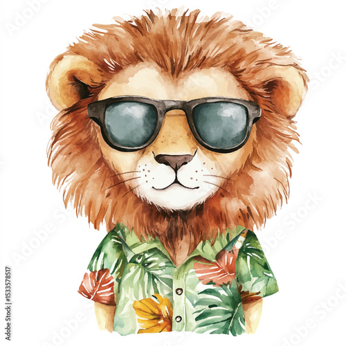 Watercolor Lion Portrait with Sunglasses and Tropical Shirt Detail