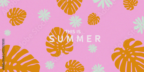 A playful tropical summer background featuring orange monstera and mint palm leaves scattered on a vibrant pink background. Includes centered text that says "This is SUMMER" in bold white font. Ideal 